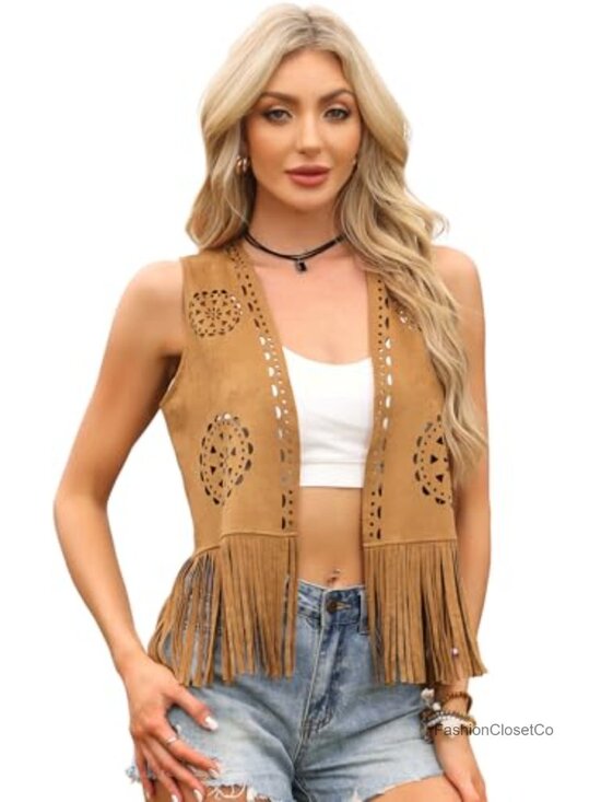 Jackets & Blazers - Western Faux Suede Fringe Tassel Vest Cardigan Sleeveless Cowgirl Top